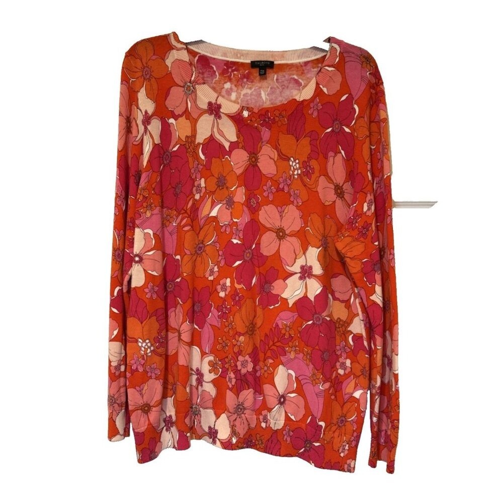 Talbots Floral Sweater Womens XLP Orange Pink Crew Neck Long Sleeve Cotton Blend